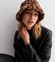 New Look Brown Leopard Print Faux Fur Bucket Hat